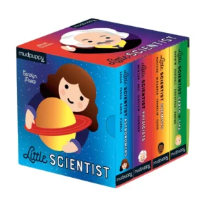 little scientist set of 4 board books. brightly colored books feature 4 cartoon images of notable scientists