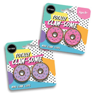 Two sets of mini hair claws that look like donuts with sprinkles. One set is pink and one is purple. The text on the packaging says "Totally Claw-Some"