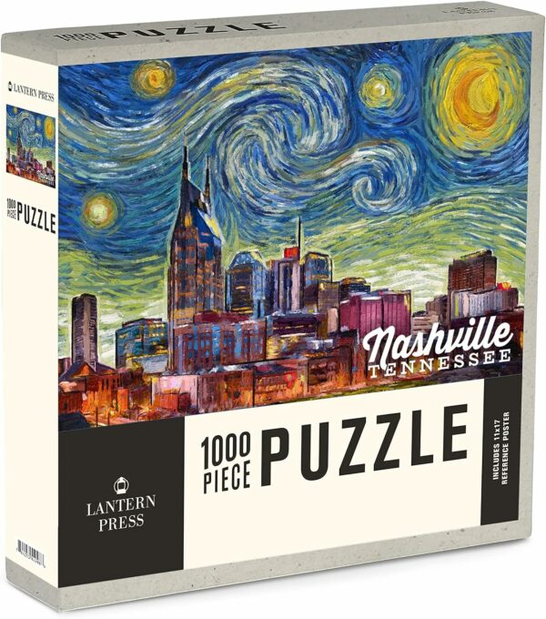 puzzle of nashville, tn skyline in the style of Van Gogh's painting, "starry nigh"